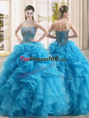 Ball Gowns 15th Birthday Dress Baby Blue Sweetheart Organza Sleeveless Floor Length Lace Up