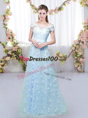 Best Selling Blue Empire Off The Shoulder Cap Sleeves Tulle Floor Length Lace Up Appliques Quinceanera Court of Honor Dress