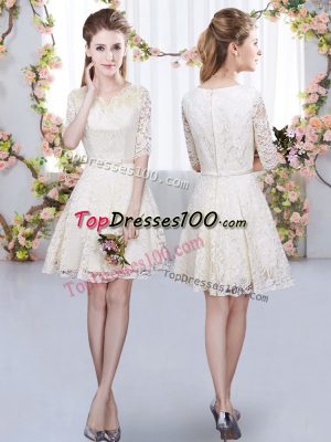 Beautiful Champagne A-line V-neck Half Sleeves Lace Mini Length Zipper Belt Wedding Party Dress