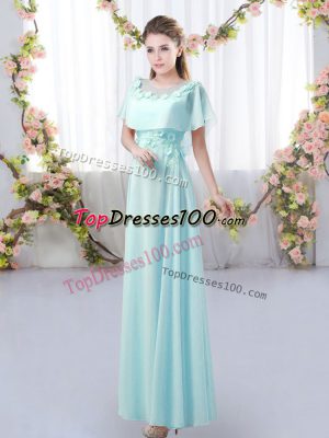 Flare Aqua Blue Short Sleeves Chiffon Zipper Bridesmaids Dress for Prom and Party and Wedding Party