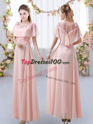 Appliques Wedding Guest Dresses Pink Zipper Short Sleeves Floor Length