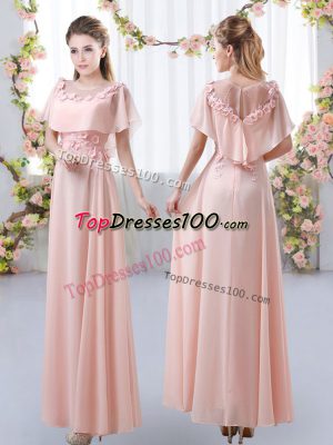 Appliques Wedding Guest Dresses Pink Zipper Short Sleeves Floor Length