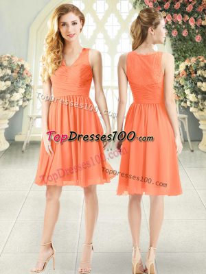 V-neck Sleeveless Prom Dresses Knee Length Lace Orange Chiffon