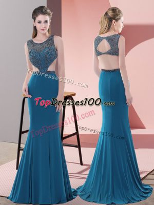 Custom Made Blue Scoop Backless Beading Prom Dresses Sweep Train Sleeveless