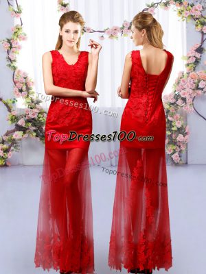 Red Sleeveless Lace Floor Length Quinceanera Court Dresses