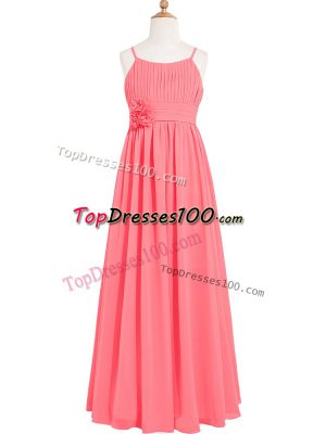 Classical Watermelon Red Zipper Prom Dress Pleated and Hand Made Flower Sleeveless Floor Length
