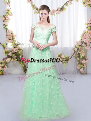 Unique Apple Green Empire Tulle Off The Shoulder Cap Sleeves Appliques Floor Length Lace Up Wedding Party Dress
