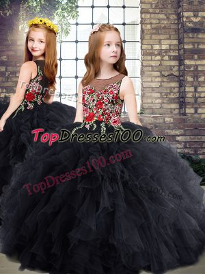 Superior Black Ball Gowns Scoop Sleeveless Tulle Floor Length Zipper Embroidery and Ruffles Little Girls Pageant Dress