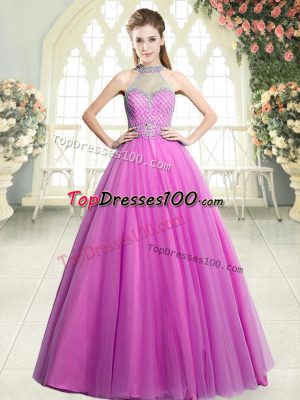 Super Pink Zipper Halter Top Beading Evening Wear Tulle Sleeveless