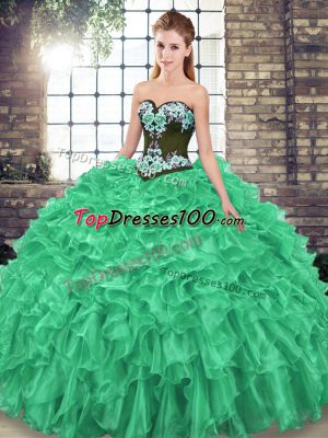 Beautiful Sweetheart Sleeveless Quinceanera Gown Sweep Train Embroidery and Ruffles Green Organza