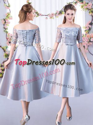 Silver Half Sleeves Lace Tea Length Damas Dress