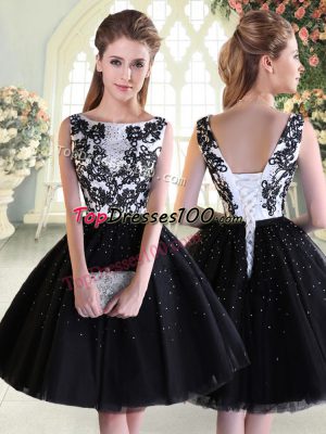 Black Ball Gowns Tulle Scoop Sleeveless Beading and Lace Mini Length Lace Up