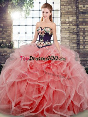 Admirable Watermelon Red Lace Up Sweet 16 Dresses Embroidery and Ruffles Sleeveless Sweep Train