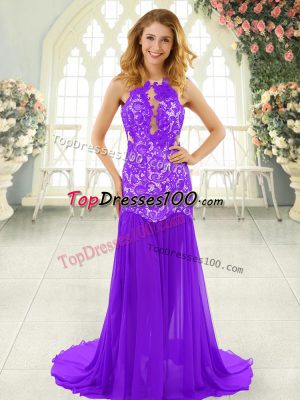 Excellent Brush Train Mermaid Formal Evening Gowns Lavender Scoop Chiffon Sleeveless Backless