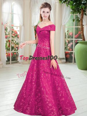 Fuchsia Prom and Party with Beading Off The Shoulder Sleeveless Lace Up