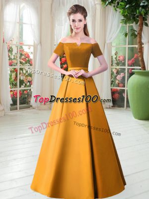 Suitable Gold A-line Belt Prom Party Dress Lace Up Satin Short Sleeves Floor Length