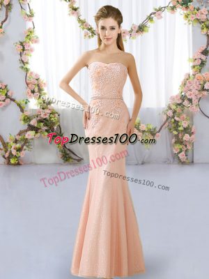 Designer Sleeveless Floor Length Beading Lace Up Wedding Party Dress with Peach