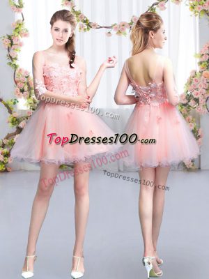 Exceptional Pink Scoop Neckline Appliques Quinceanera Court of Honor Dress Half Sleeves Lace Up