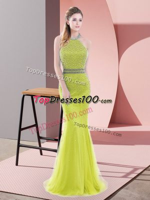 Elegant Yellow Green Evening Dress High-neck Sleeveless Sweep Train Backless