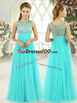 Comfortable Aqua Blue Sleeveless Floor Length Beading Backless Homecoming Dress