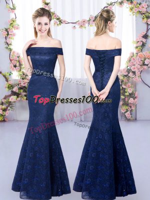 Luxury Navy Blue Mermaid Lace Wedding Guest Dresses Lace Up Sleeveless Floor Length