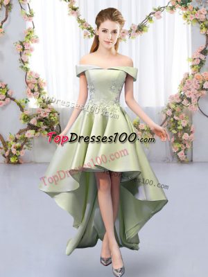 Graceful Yellow Green Satin Lace Up Off The Shoulder Sleeveless High Low Quinceanera Dama Dress Appliques