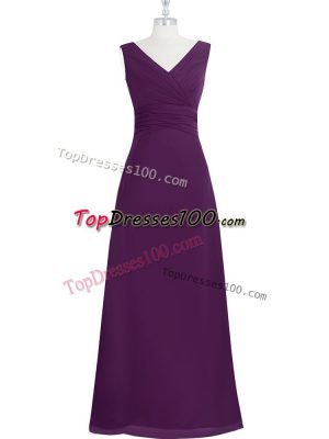 Delicate Sleeveless Chiffon Floor Length Zipper Evening Dress in Eggplant Purple with Ruching
