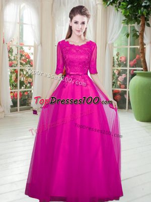 Scoop Half Sleeves Lace Up Prom Dresses Fuchsia Tulle