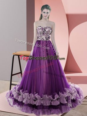 Sleeveless Appliques Lace Up Prom Party Dress with Purple Sweep Train