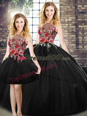 Floor Length Zipper Sweet 16 Dresses Black for Military Ball and Sweet 16 and Quinceanera with Embroidery