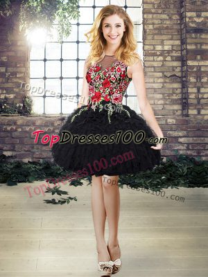 Comfortable Black Lace Up Scoop Embroidery and Ruffles Prom Gown Organza Sleeveless
