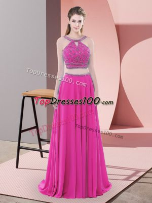 Fantastic Fuchsia Lace Up Straps Beading Prom Evening Gown Chiffon Sleeveless Sweep Train