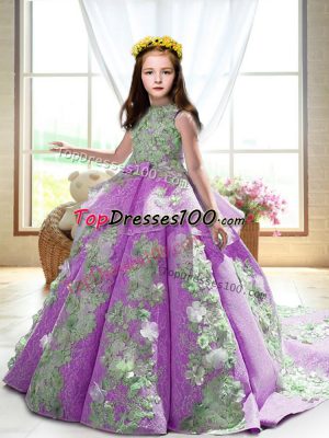 Lilac Ball Gowns Appliques Little Girls Pageant Dress Wholesale Backless Satin Sleeveless