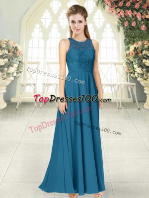 Eye-catching Sleeveless Chiffon Floor Length Backless Prom Gown in Teal with Lace