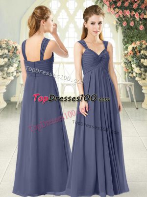 Attractive Blue Empire Chiffon Straps Sleeveless Ruching Floor Length Zipper Prom Dresses