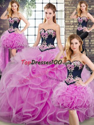 Low Price Lilac Lace Up Ball Gown Prom Dress Embroidery and Ruffles Sleeveless Sweep Train