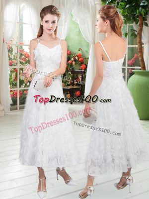 Adorable White Zipper Evening Dress Sleeveless Tea Length Ruffles