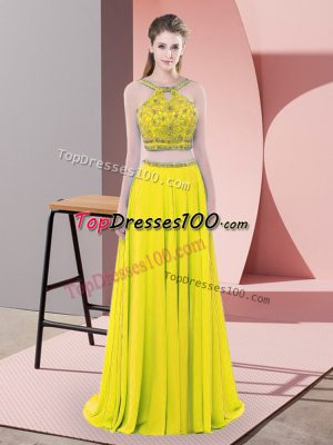 Yellow Straps Neckline Beading Prom Dress Sleeveless Backless