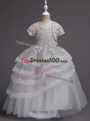 Exceptional Sleeveless Tulle Floor Length Zipper Toddler Flower Girl Dress in Grey with Appliques and Ruffled Layers