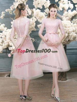 Exquisite Scoop Half Sleeves Prom Party Dress Tea Length Lace Pink Tulle