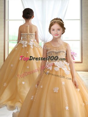 Gold Little Girls Pageant Gowns Wedding Party with Beading and Appliques Scoop Sleeveless Brush Train Zipper