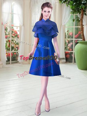 Cap Sleeves Satin Knee Length Lace Up Evening Dress in Royal Blue with Ruffled Layers