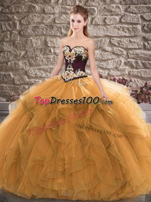 Orange Ball Gowns Sweetheart Sleeveless Tulle Floor Length Lace Up Beading and Embroidery Sweet 16 Dress