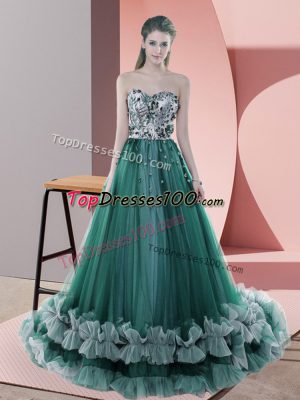 Dazzling Dark Green Sleeveless Beading Lace Up Evening Wear