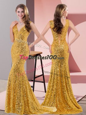 Gold Sequined Lace Up V-neck Sleeveless Evening Dress Sweep Train Beading