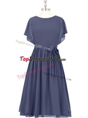 Fantastic Chiffon Short Sleeves Knee Length Evening Dress and Bowknot