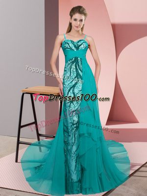 Teal Sleeveless Sweep Train Beading and Lace Evening Dresses