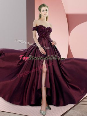 Burgundy Off The Shoulder Zipper Beading Evening Dresses Sweep Train Sleeveless