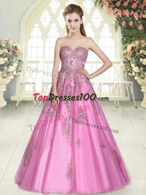 Delicate Rose Pink Lace Up Prom Dresses Appliques Sleeveless Floor Length