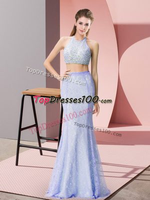 Floor Length Baby Blue Prom Evening Gown Sleeveless Beading and Lace